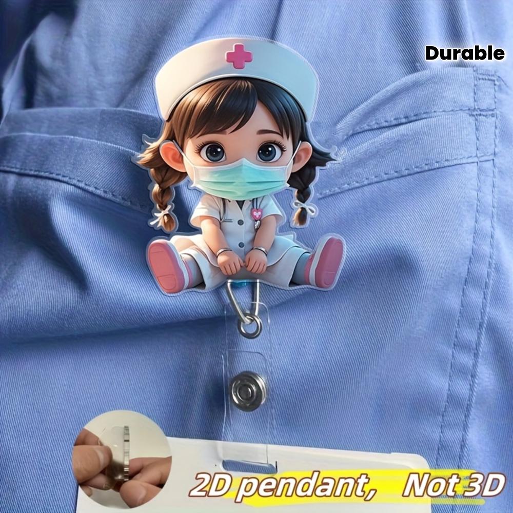 2D Flat Acrylic Cartoon Nurse & Doctor Card Holder, Retractable Badge Reel, Hospital ID Badge & Chest Pin for Doctors & Nurses