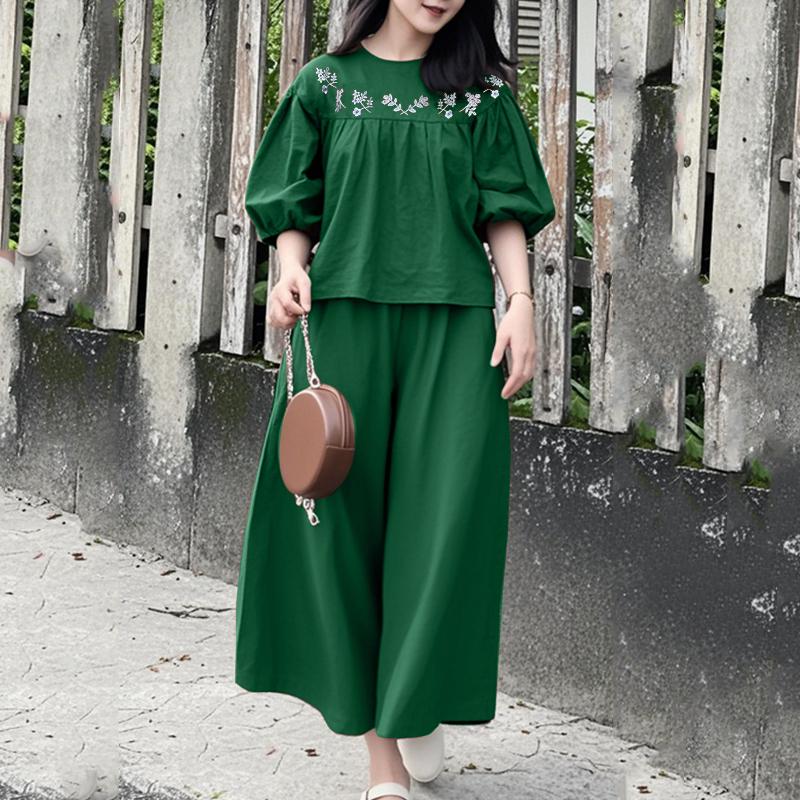 

ZANZEA Women 3/4 Sleeve Print Blouse and Pants Casual Two Piece Suit Sets S зелений