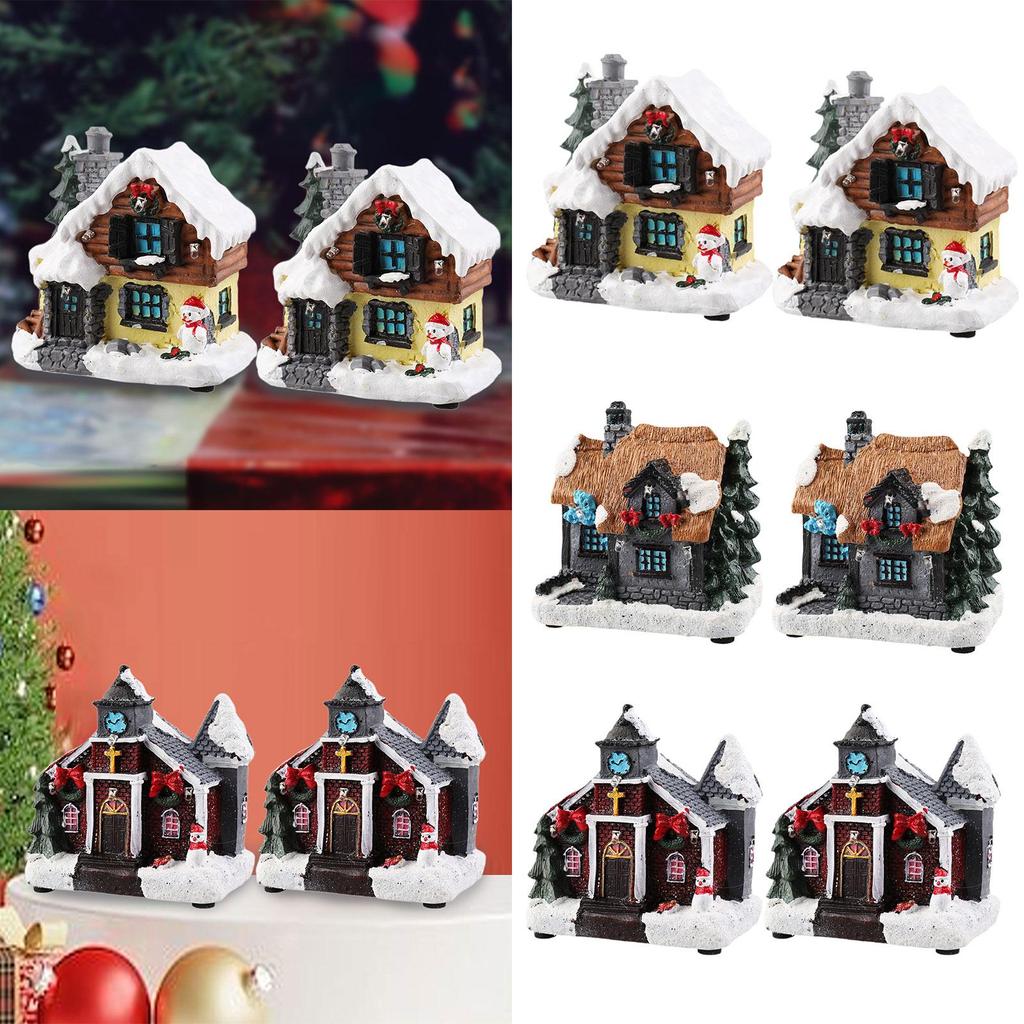 2 Pieces Lighted Christmas Village Figurine Resin Table Centerpiece for Desk