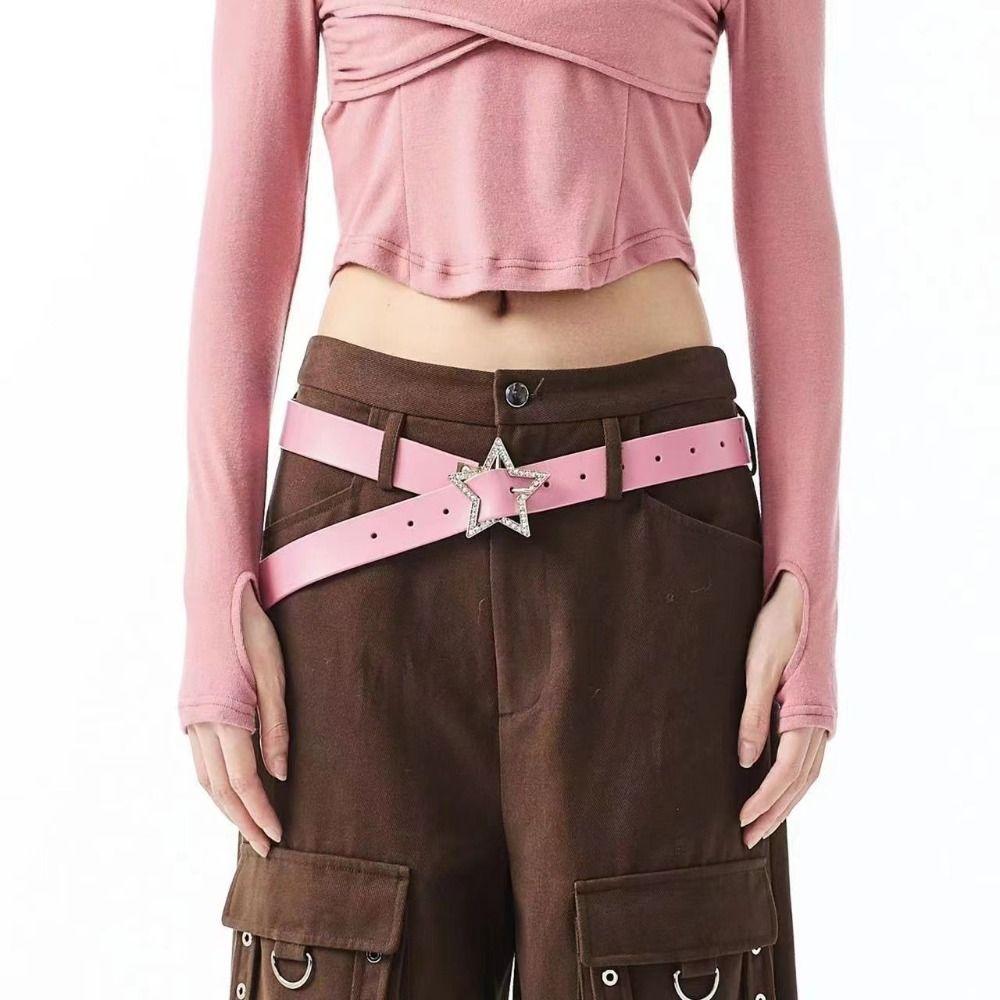 Y2K Leather Belt Rhinestone Pentagram Pin Buckle Thin Waist Strap  For Women Girls