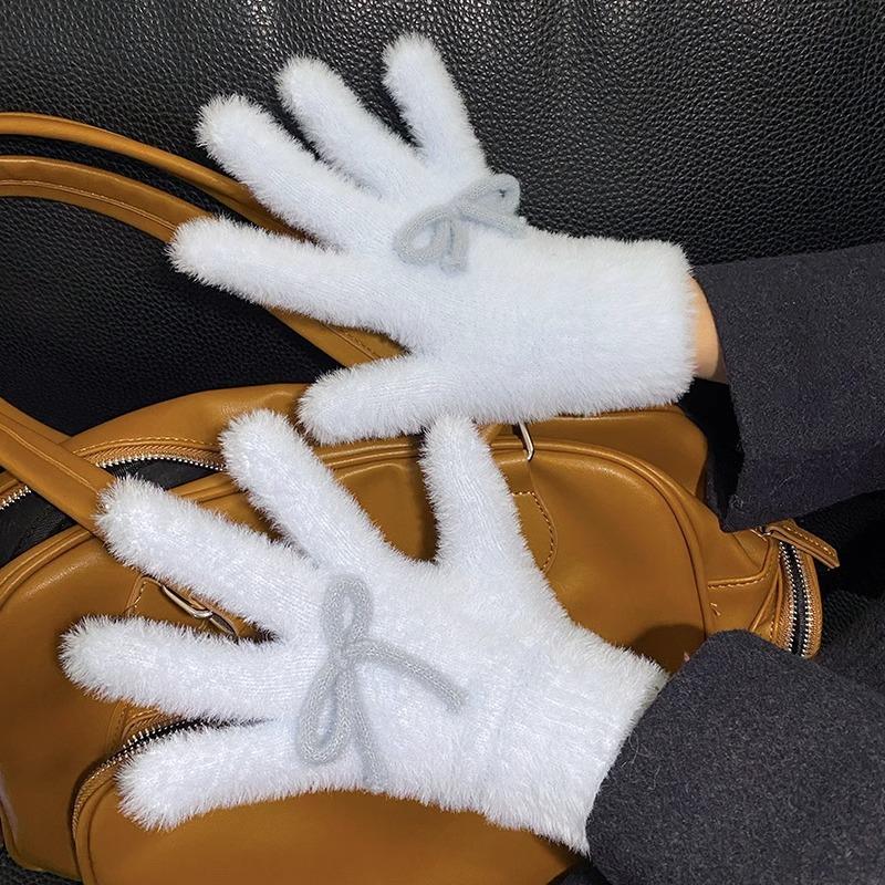 Cute Sweet Bow Plush Gloves Cold-Proof Gloves Student Winter Warm Five-Finger Gloves Women Fashion Accessories Christmas Gifts