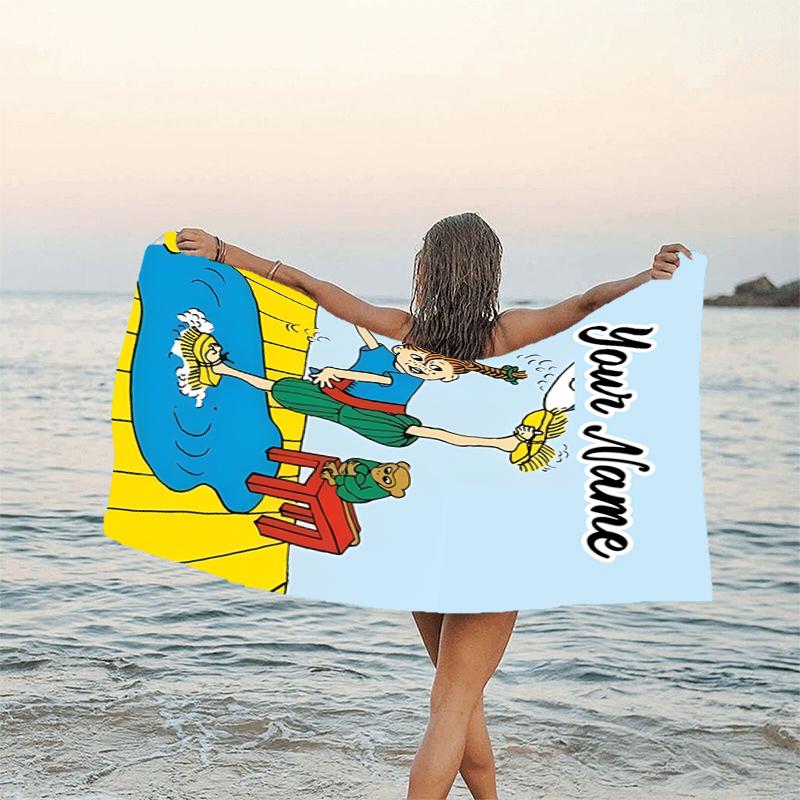 1pc Pippi Longstocking1 Beach Towel with Custom Name, Beach/Swimming/Bath/Picnic/Camping Towel, Suitable for Seaside Beaches