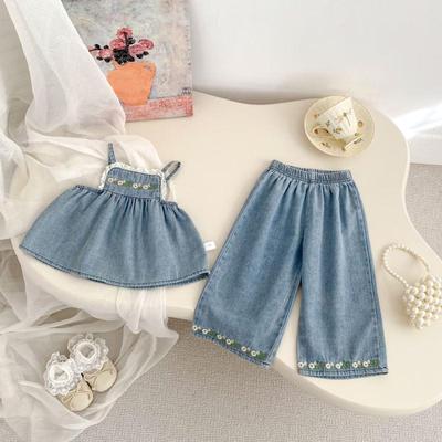 Girls' Embroidered Denim Strappy Top & Wide-Leg Pants Set