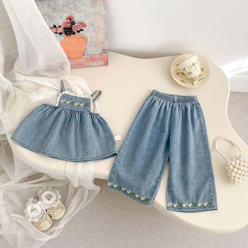 Girls  Embroidered Denim Strappy Top & Wide-Leg Pants Set 80