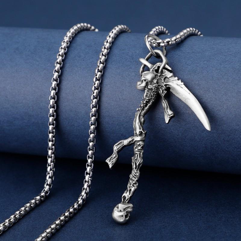 Gothic Punk Skull Reaper Pendant Necklace Men Titanium Steel Box Chain Dark Style Hip Hop Accessory