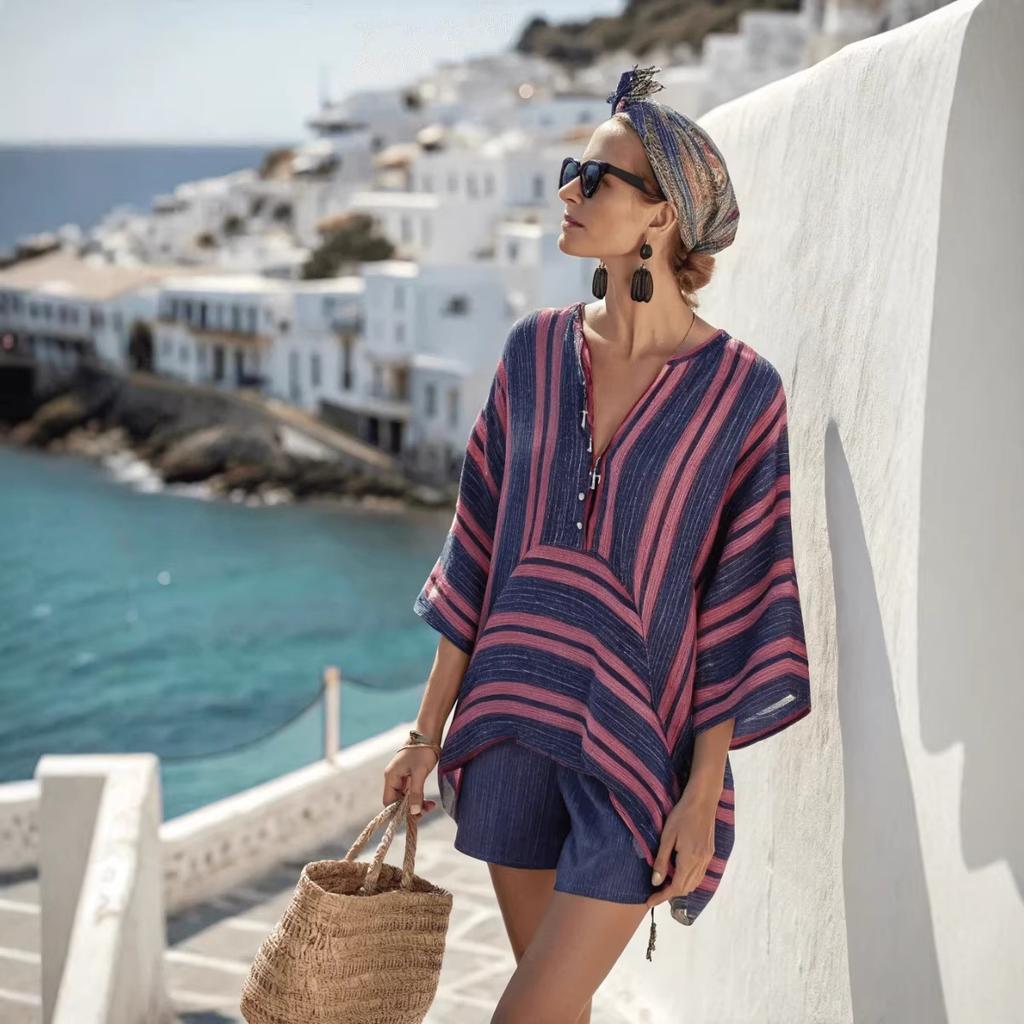 A New French Laid-Back Greek Vacation Style V-Neck Black Striped Women'sTop+ Shorts for A Comfortable And Casual Seaside Vacation 2pcs Set