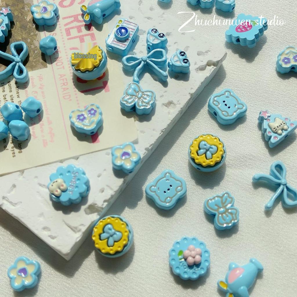 Blue Beaded Flower Bear Bracelet - Cute Alloy DIY Jewelry Accessory