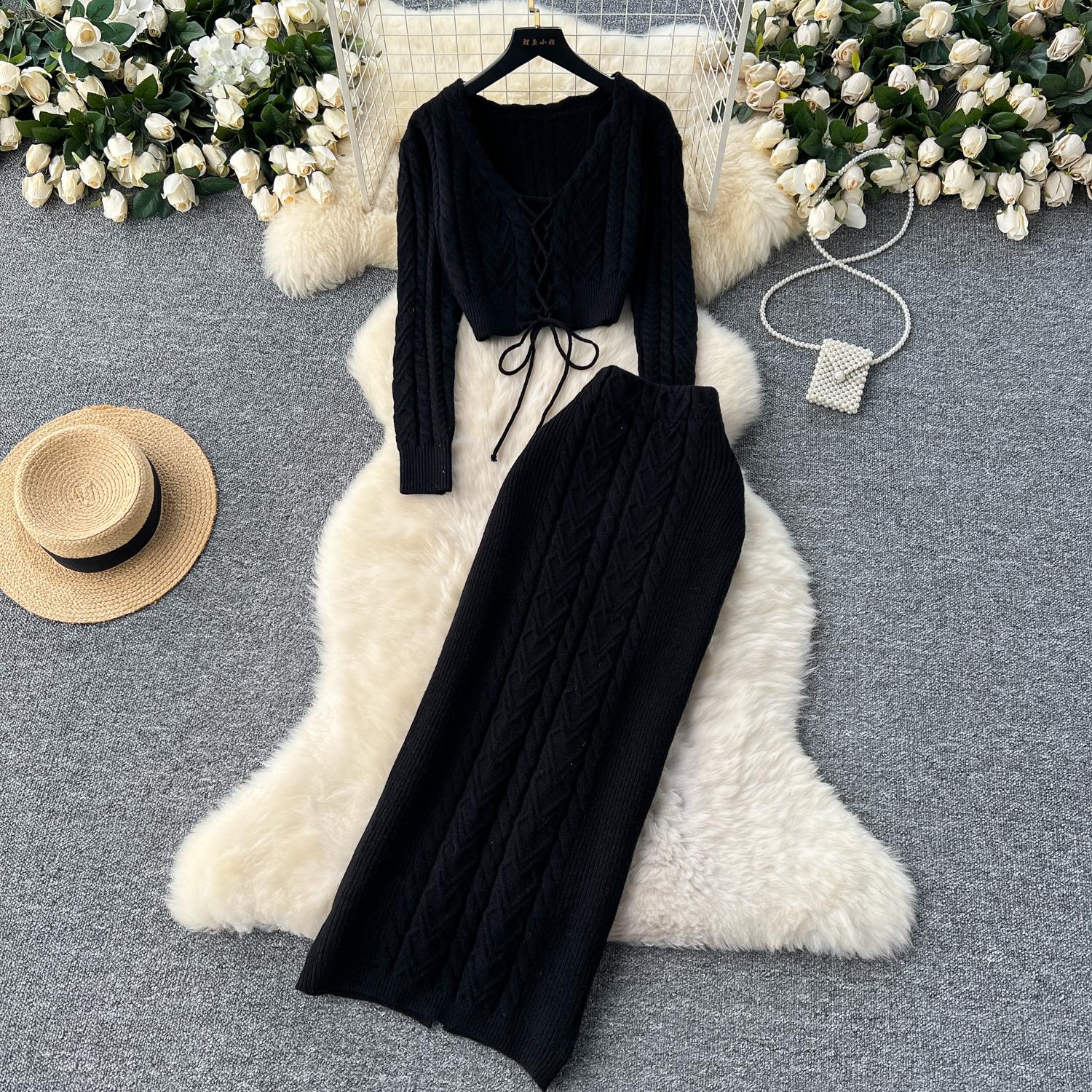 

Осенний элегантный свитер, комплект из 2 предметов, женский топ с вырезом, облегающая юбка с высокой талией, женский однотонный трикотажный костюм, новый One Size чёрный