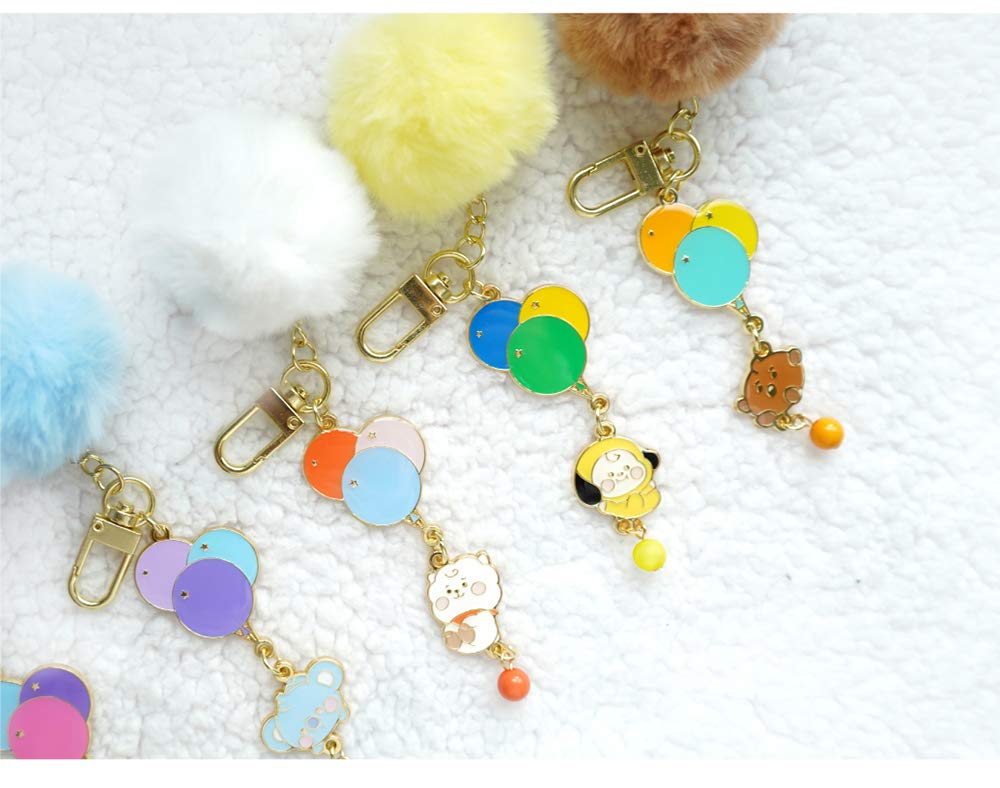 [BT21] Solomon Shoji Metal Dangle Keychain, Fur Keyring with Balloon Design, Fluffy, Baby, Cute, Chibi, Gift (RJ)