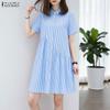 Women Casual Turn Down Collar Stripe Print Short Sleeve Dress