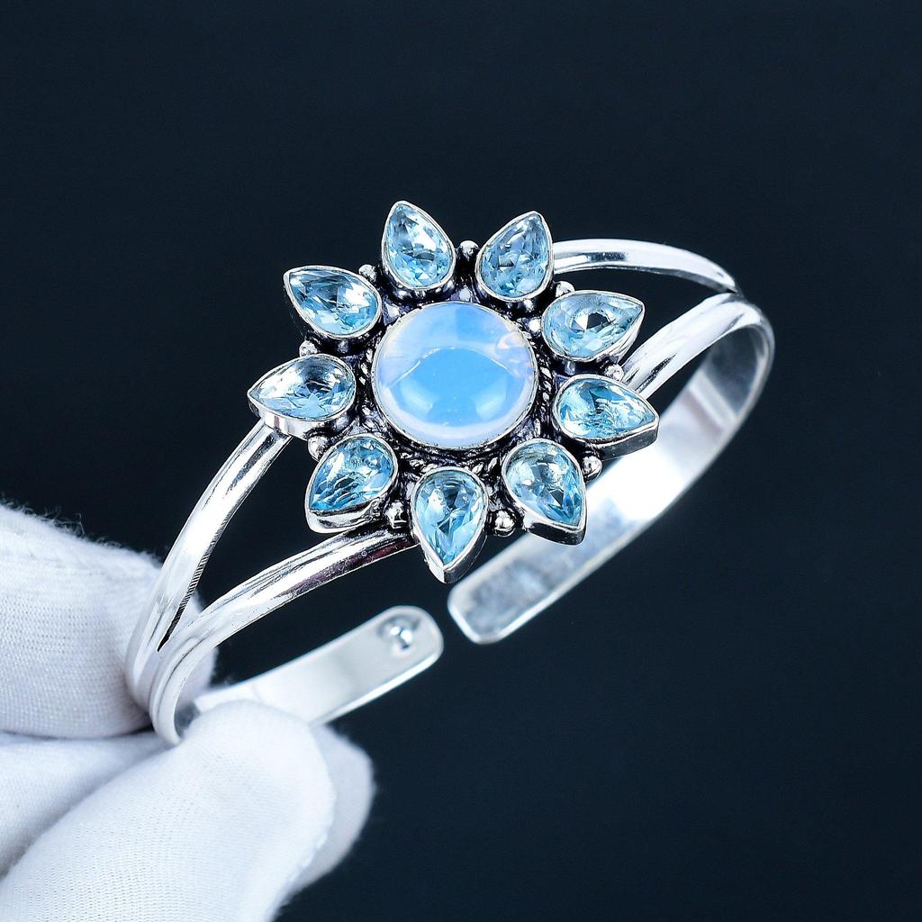 Milky Opal Gemstone Handmade Cuff Bangle 925 Sterling Silver Cuff Bangle, Blue Topaz Flower Shape Bracelet For Wife, Unisex Bangle, Love Gift