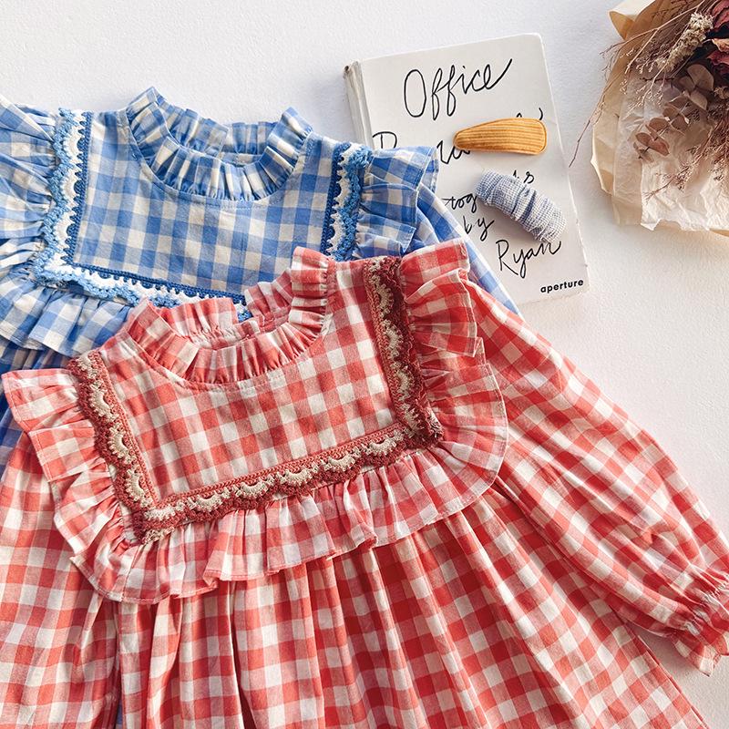 Korean Spring 2026 Plaid Dress for Girls - Lace & Lotus Leaf Collar, Long Sleeve Skirt