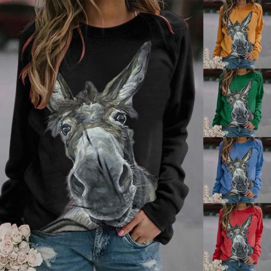 Damen Langarm Pullover Bluse Esel Print Lose Sweatshirt