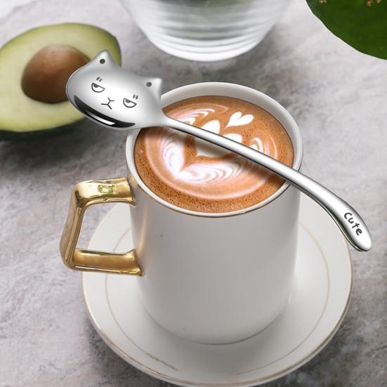 Cat Face Coffee Spoon, 304 Stainless Steel Cute Hanging Spoon with Curved Tail, Long Handle, Stirring Spoon for Mug Cup, Coffee Milk Tea Dessert Gift