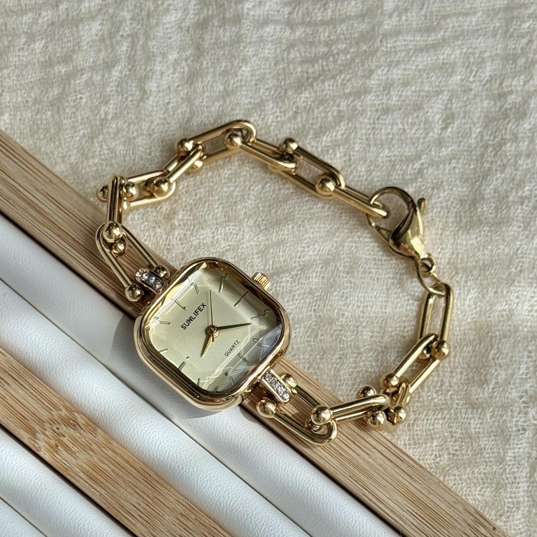SUNLIFEX Vintage Gold Damen Quadratische Gliederkette Armbanduhr