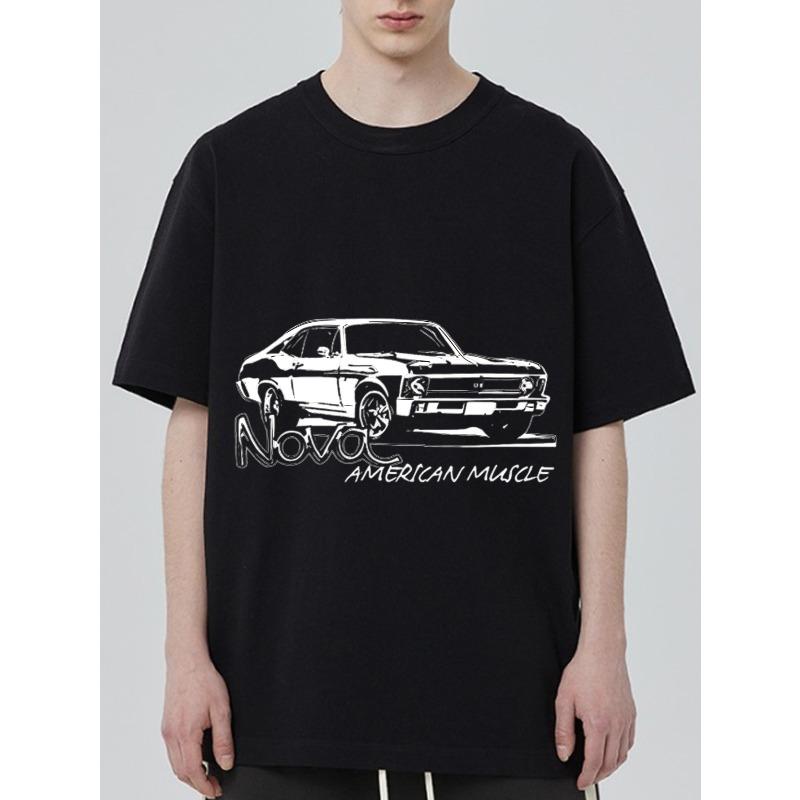 Oversized T-Shirt Black Novo American Muscle Car Graphic Print Casual Streetwear Men's Top