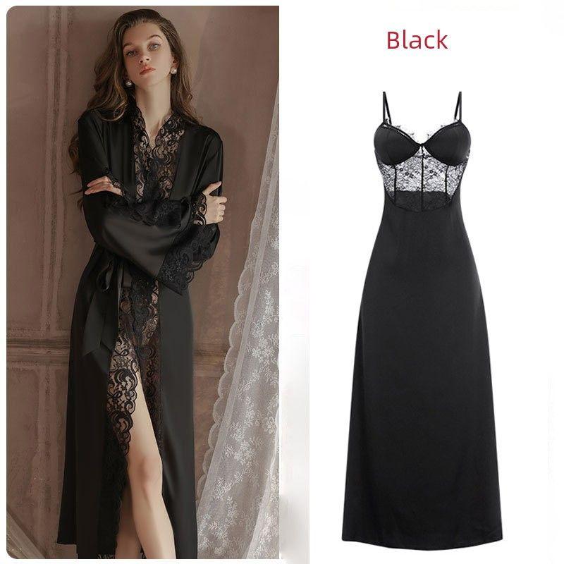 Good Morning with You: Small Size Sexy Suspenders Pajamas with Chest Pad Lace Ice Silk Nightdress Long Dress to Ankle Super Long
