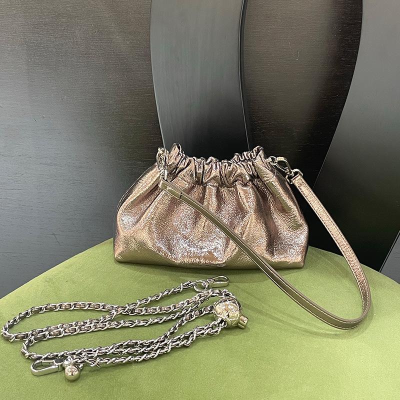

Women s Genuine Leather Pleated Cloud Chain Bag with Gold Accent - Stylish Fashionable Shoulder Crossbody