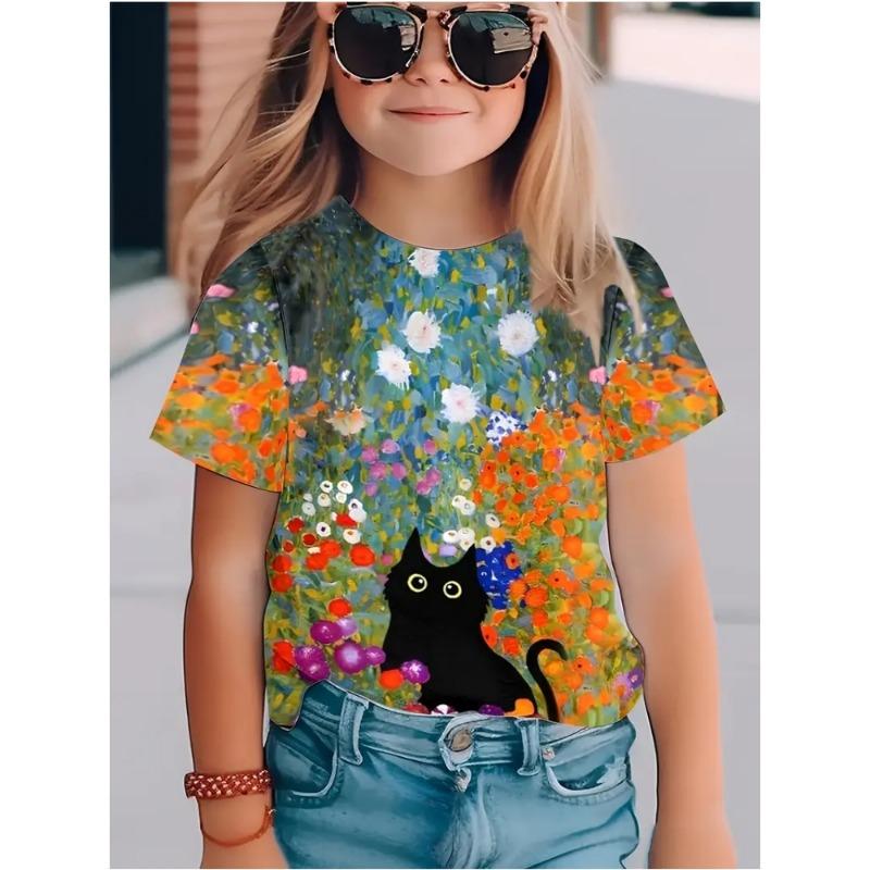 Three Little Flower Cats 3D Digital Print Round Neck Short Sleeve T-Shirt for Boys and Girls, Breathable and Comfortable M029