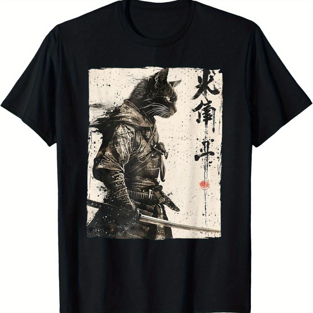 Samurai Cat Warrior Graphic Tee Mens Black Cotton Tshirt Ukiyoe Ink Art Print Casual Top
