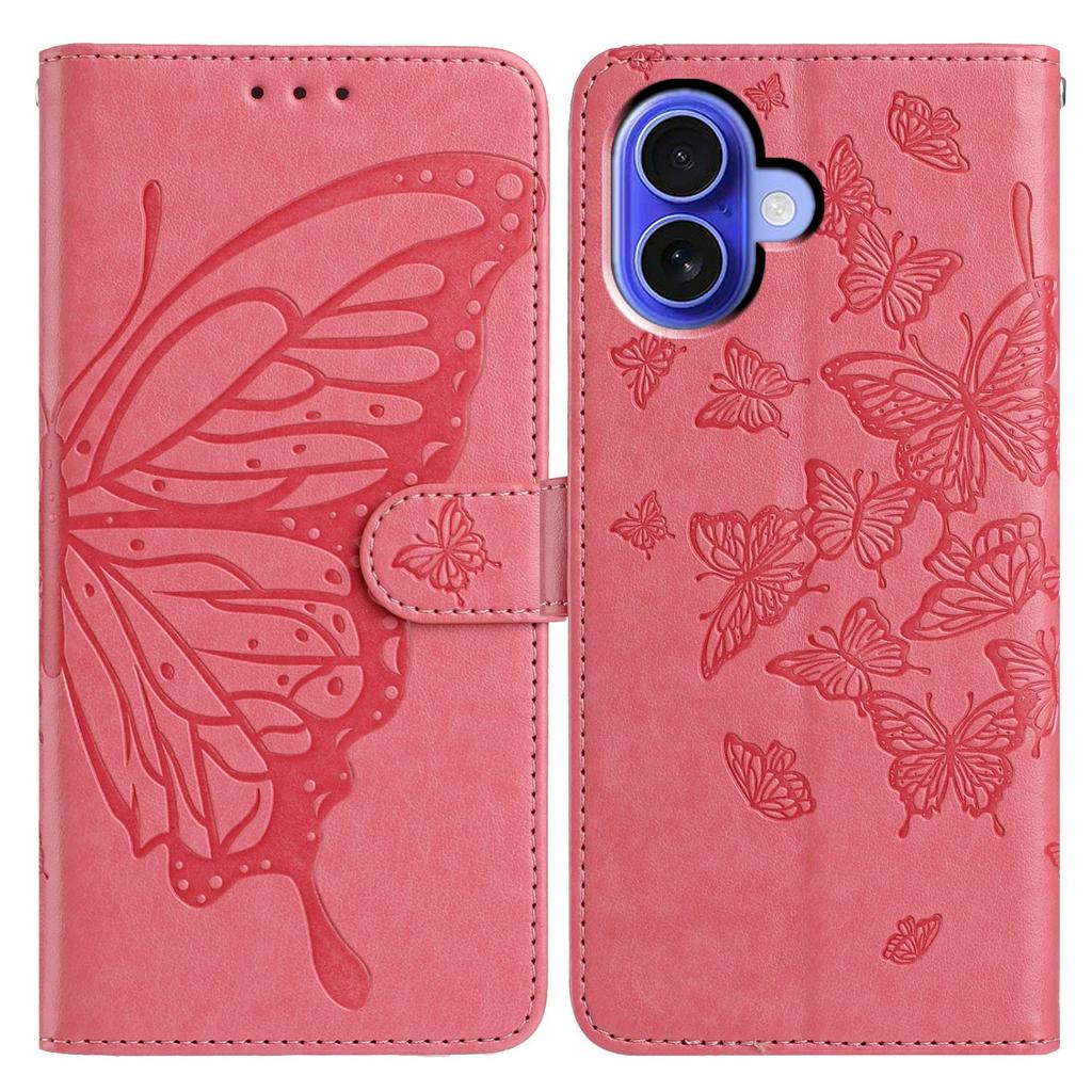 For iPhone 16 Plus Case Butterfly Imprinted Wallet Stand PU Leather Flip Phone Cover with Strap