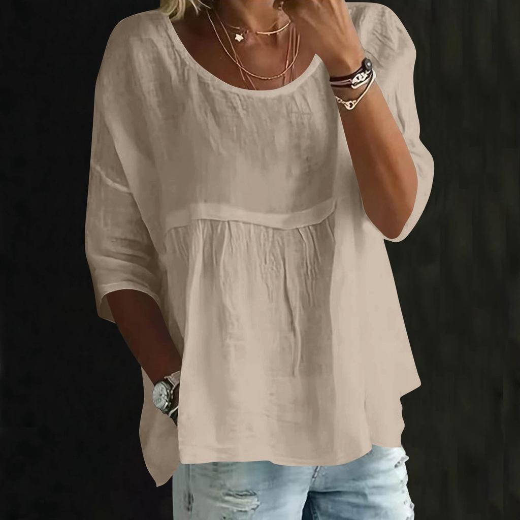 Womens Fashionable Solid Color Round Neck Three-quarter Sleeve Loose Round Neck Top