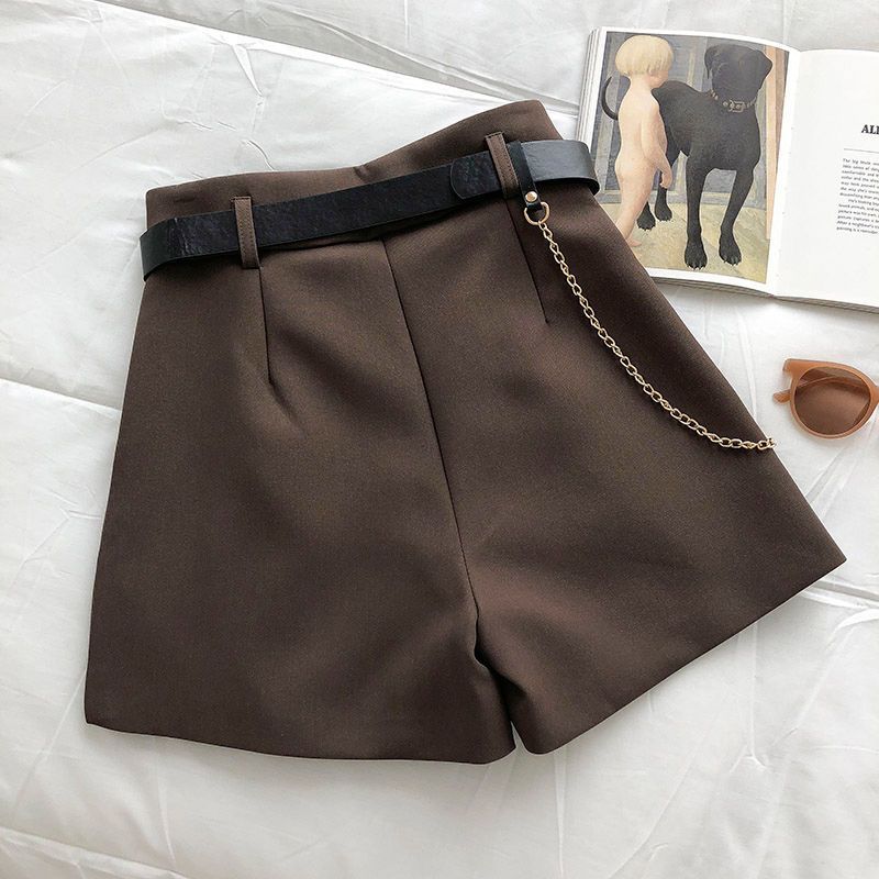 Damen Sommer Anzug Shorts mit Gürtel Koreanische Version Schlank Hohe Taille Lässig A-Linie Weiter Bein Hosen
