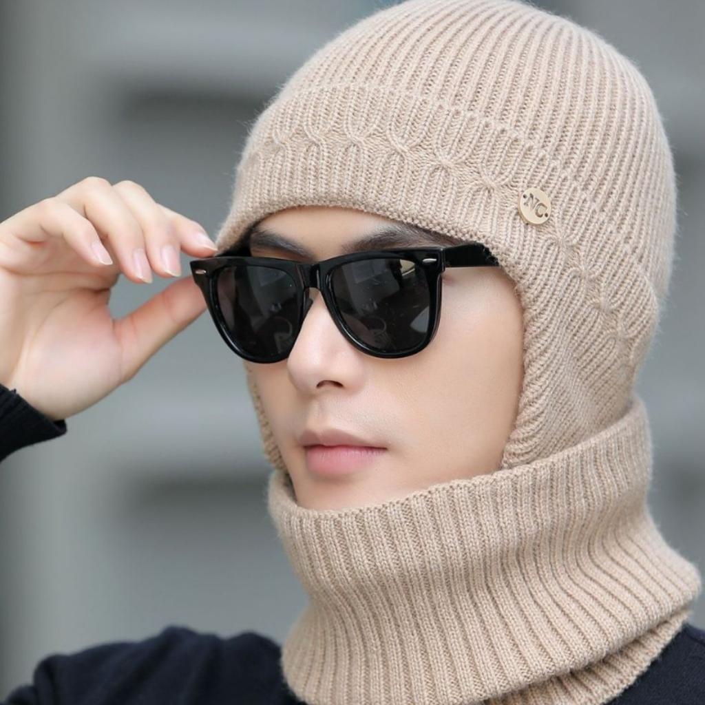Men's Knitted Hat Winter Outdoor Cycling Scarf Suit Letter Color Blocking Cold Proof Woolen Hat Plus Velvet Warm Cold Hat