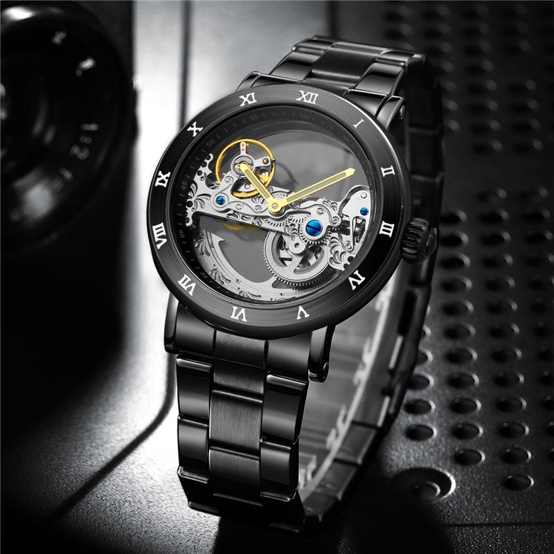 Forsining New Fashion Transparent Skeleton Mechanical Watch Men Leather Waterproof Luminous Hands Steampunk Automatic Watches