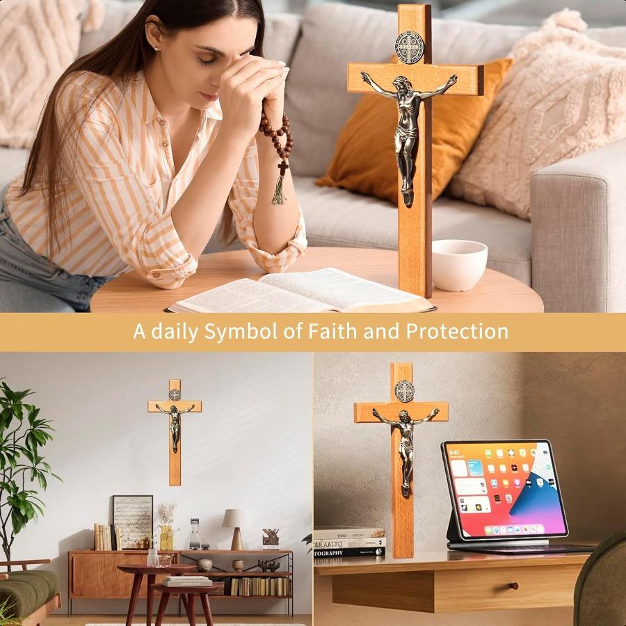 ACHIBANG 10" Crucifix Wall Cross Catholic Wooden Wall Cross with Jesus and Saint Benedict Medal for Home or Prayer Room Catholi