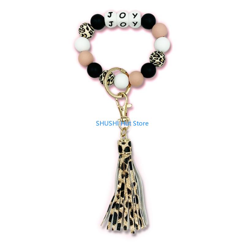 for Key Ring Bracelet Car Keychain Holder for Women Silicone Beaded Bangle Wrist D57B