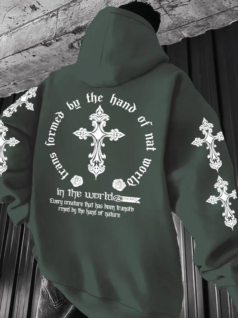Sudadera con capucha para hombre con estampado de cruces de estilo gótico europeo y americano, ideal para usar al aire libre en otoño.