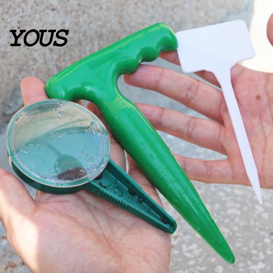 Outdoor Soil Digger Seeds Dispenser, Handheld Garden Seeder Sower with 5 Dial Settings, Ergonomic Plastic Planting Hole Puncher Dibber, Plant Labels,