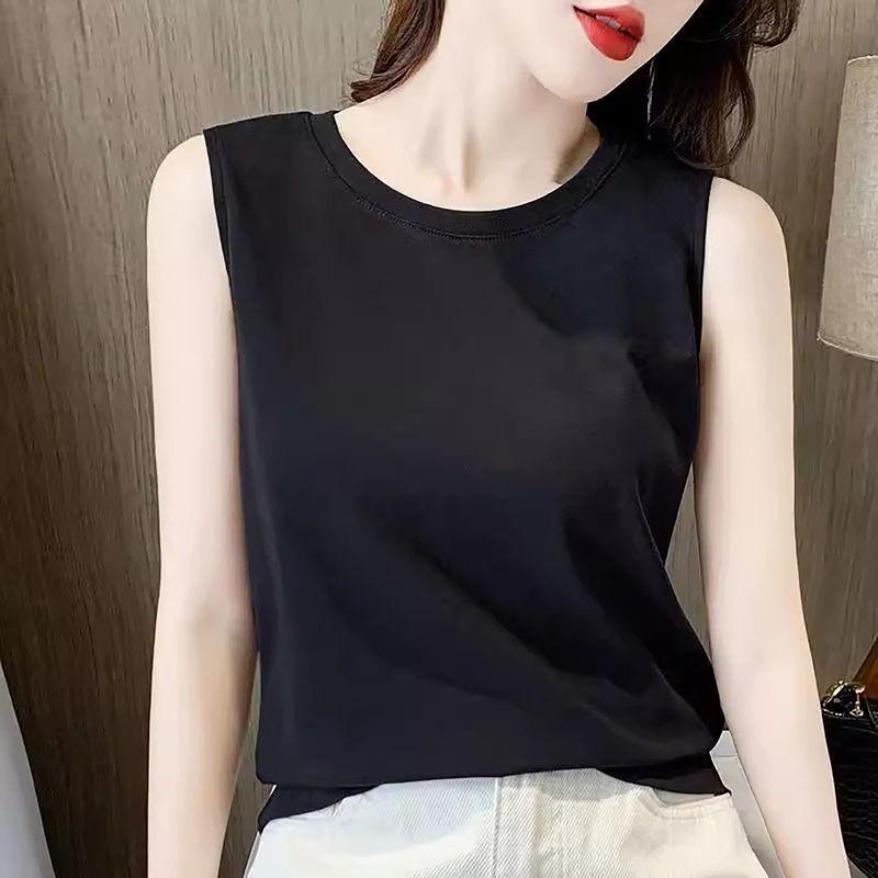 

Cotton round Neck Cami Women Summer Outer Wear Plus size Inner wear Korean Style Loose Slimming Base Gray Sleeveless Top Black M