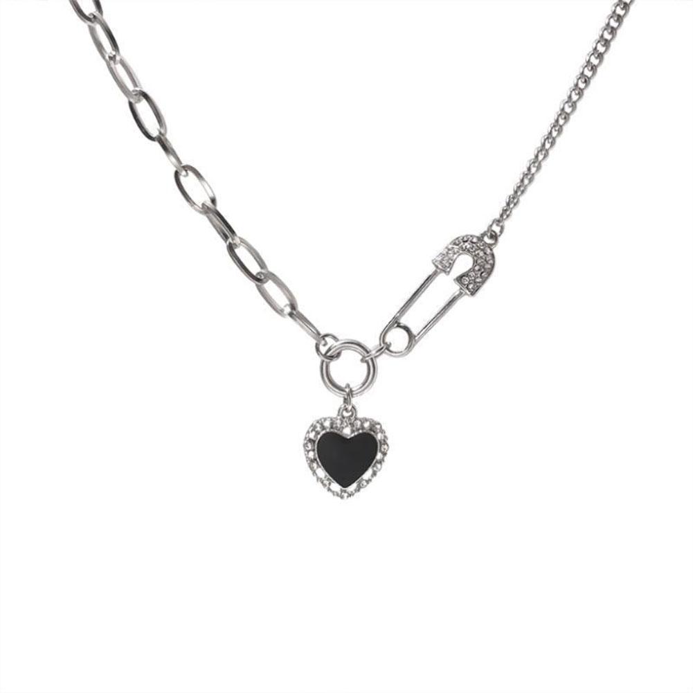 Black Heart Pendant Necklace Personalized Versatile Alloy Pin Splicing Chain Necklace Clavicle Chain Jewelry
