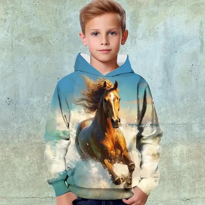 Chlapčenská 3D grafická mikina so zvieracím motívom koňa, s dlhým rukávom, s 3D potlačou, jesenná zimná móda, streetwear, cool, polyester, deti 4-14 rokov