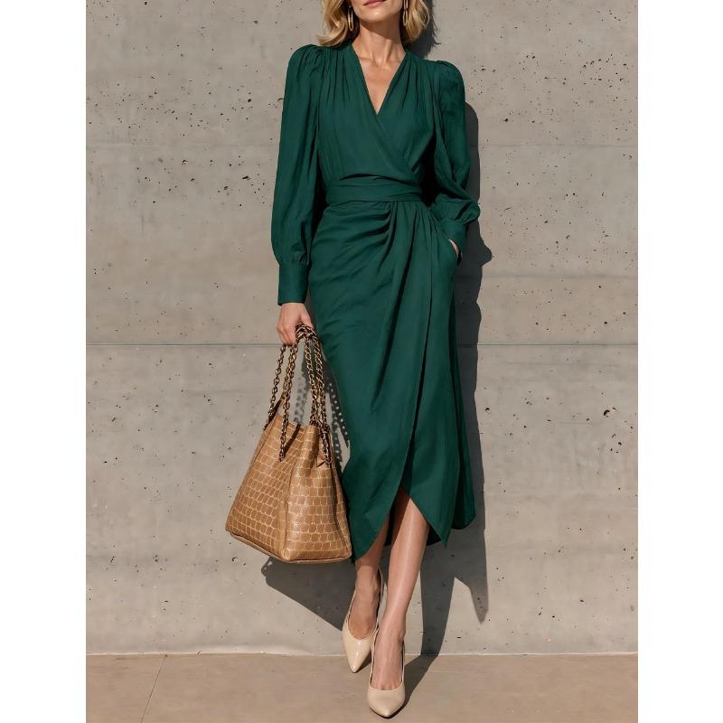 Women S V Neck Long Sleeve Wrap Tie Waist Long Dress