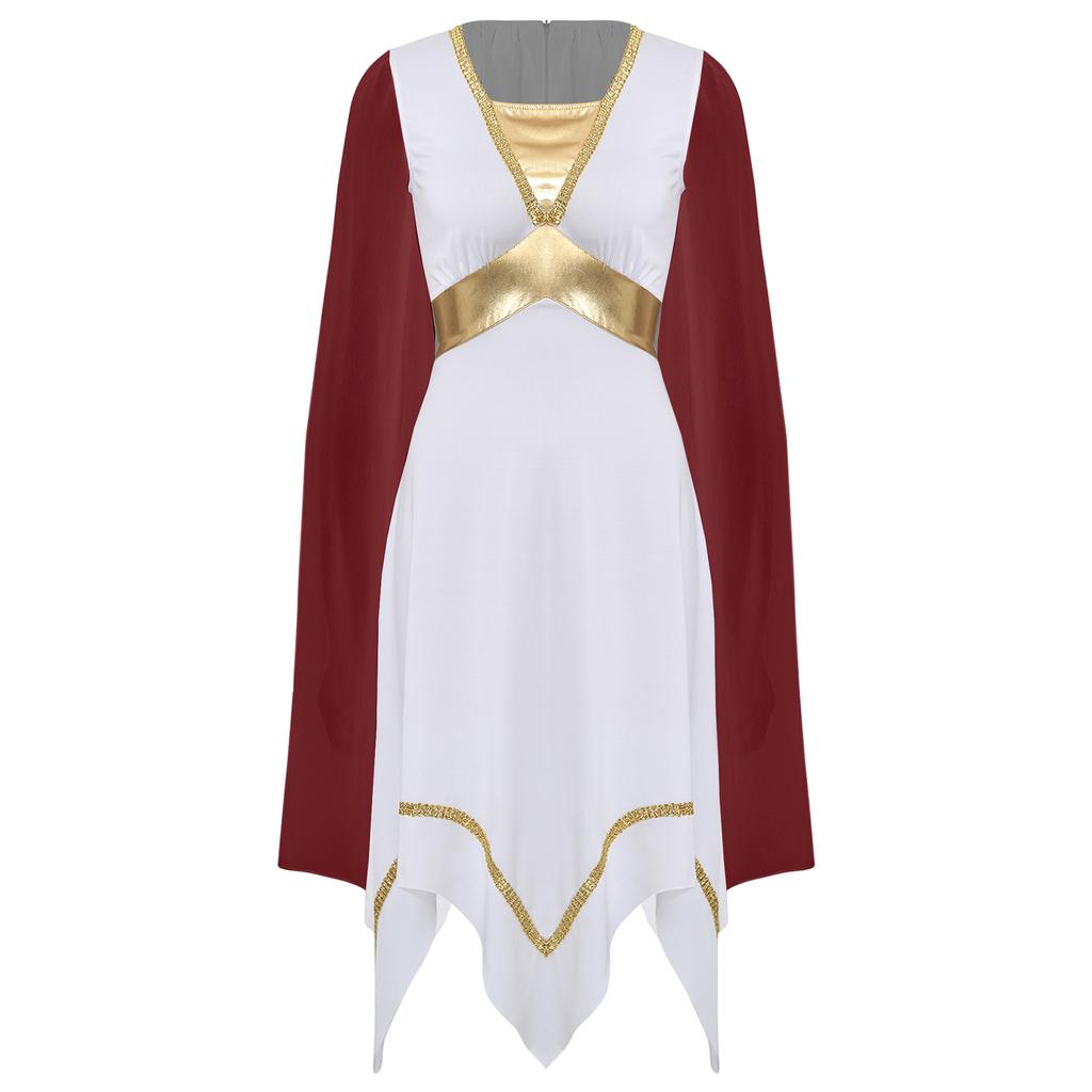 Womens Ancient Greek Roman Tunic Dress Long Cape Sleeve Gold Trim Asymmetrical Hem Halloween Dance Costume