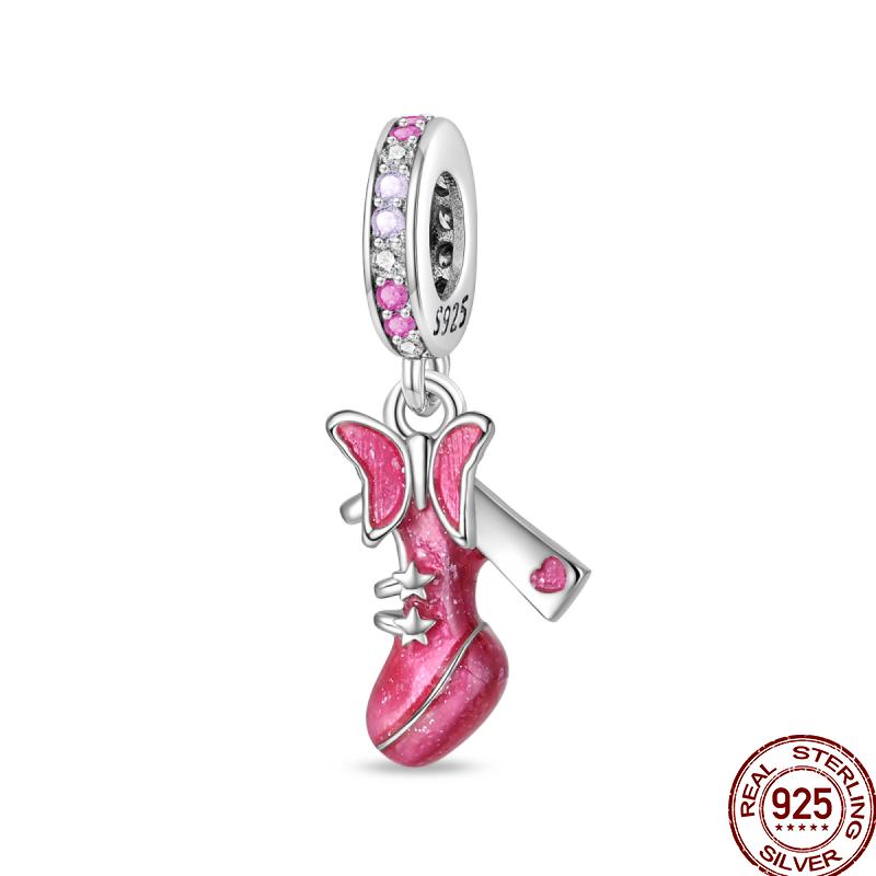 925 Silver Romantic Princess Pink Dress Lipstick Dancing Shoes Charm Beads For 3MM 925 Original Bracelet Jewelry
