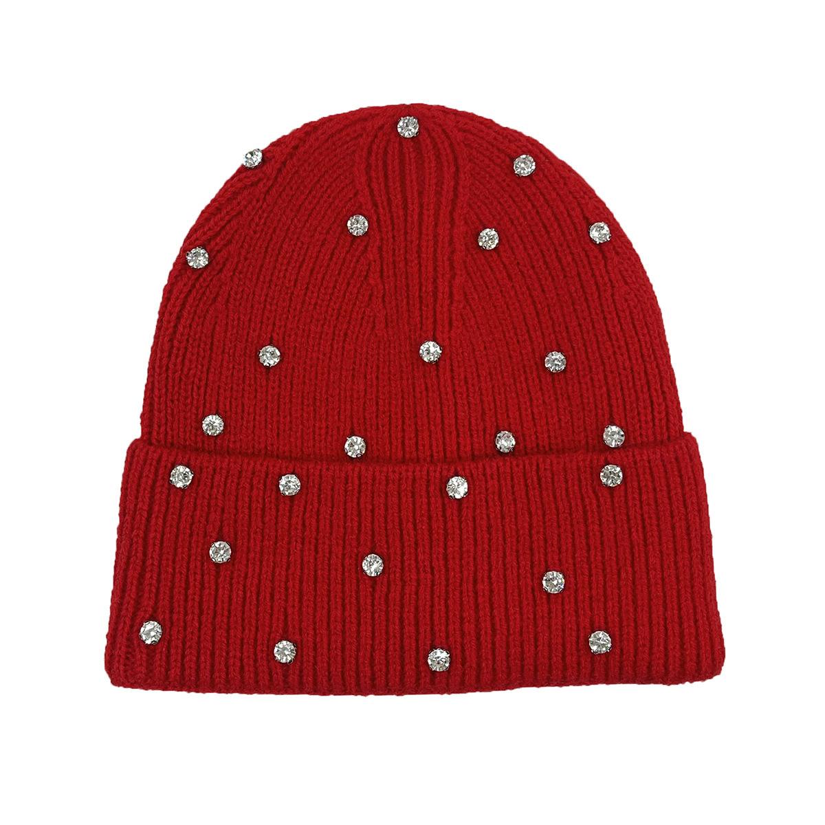 Knitted Hat Wool Hat Fashion Rhinestone Embellishment Cold Hat Wool Hat Winter Warm Ladies Knitted Hat One size fits all красный