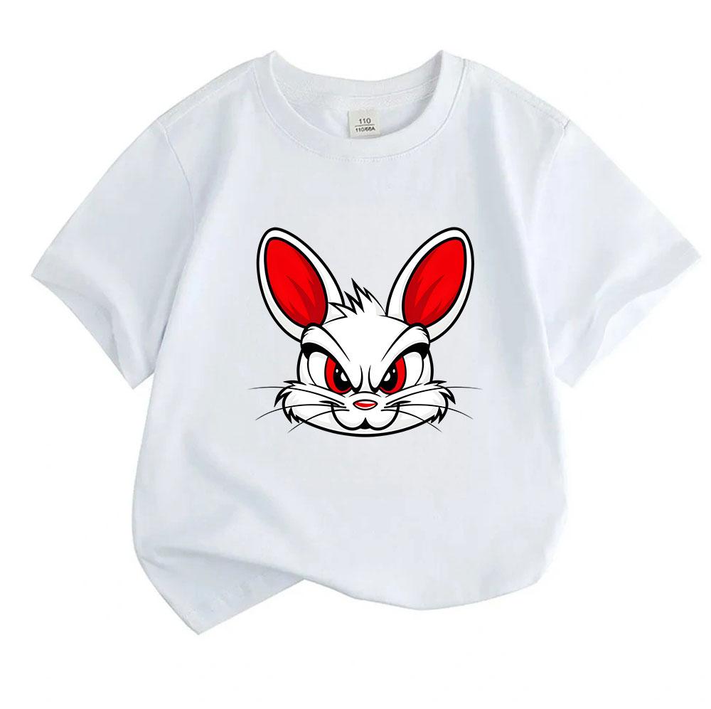 Kids Boys Girls 100% Cotton Crew Neck Short Sleeve T-Shirt, Cool Angry Cartoon White Bunny Red Eye Pattern Casual Soft Tees for Children Daily Outdoor