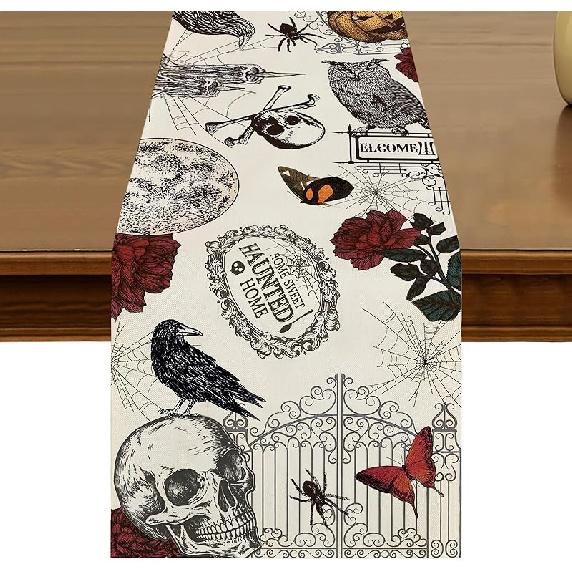 Halloween Table Runner 13x72 Inch Kitchen Dining Retro Gothic Crow Skull Roses Table Decor for Indoor Outdoor Farmhouse Home Holiday Party Decoration