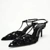 Fashion Sexy Pointed Toe String Bead Heels Party Shoes Summer Ankle Strap Heeled Sandals Women Elegant Bling Black Mesh Designer Pumps