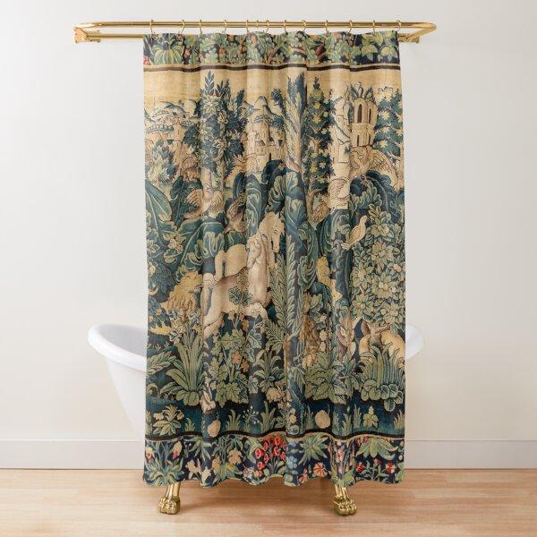 Medieval Deer Hunting Scene Shower Curtain Ladies and Dogs Antique Shower Curtain Animals Retro Vintage Bathroom Curtains Set