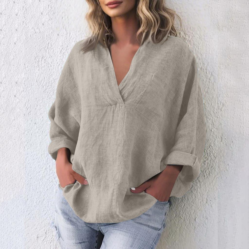 Damska modna bluzka z długim rękawem i dekoltem w serek, wykonana z bawełny i lnu