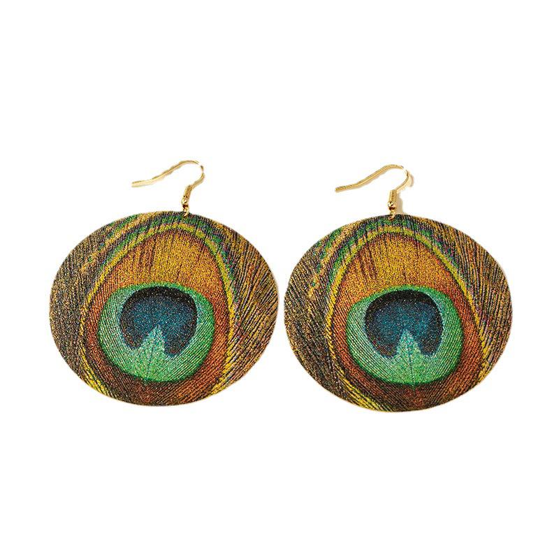 Bohemian Retro Peacock Feather Geometric Circle Stud Earrings