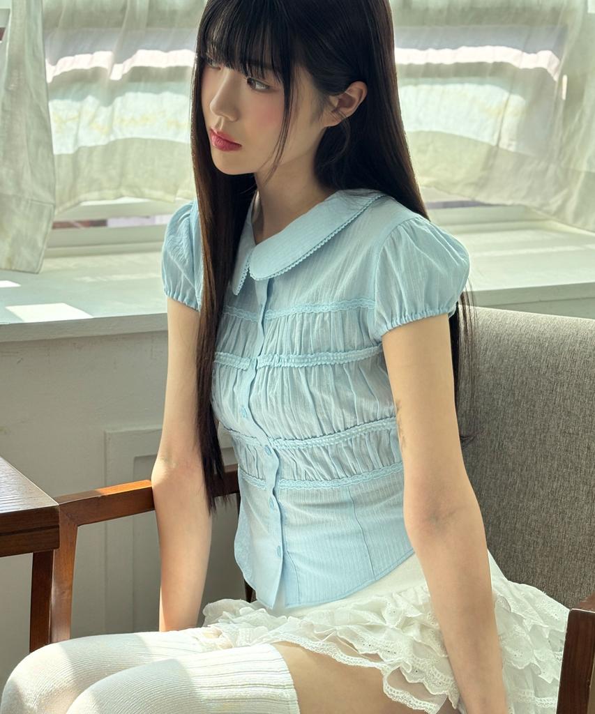 Limekeu Round Collar Puff Shirred Blouse Blue