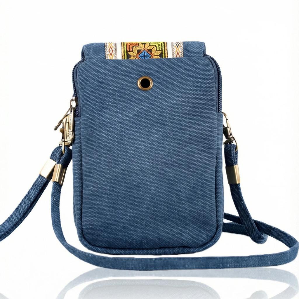 Ethnic Embroidered Canvas Phone Bag With Multiple Pockets For Daily Use