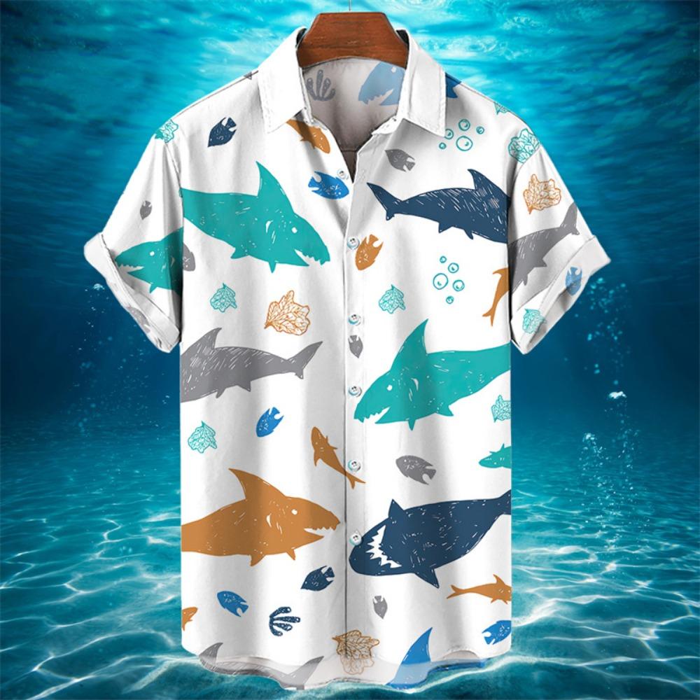 3D Animal Shark Print Hawaiian Shirt Men's Summer Casual Shirt Fashion Short Sleeved Sea World Loose Street Blouse Clothes