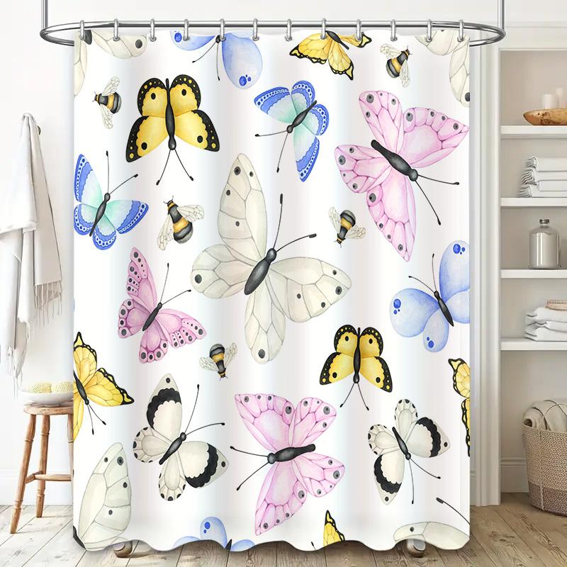 Aquarell Schmetterling Duschvorhang Set, Wasserdichter Stoff, Dekorative Badezimmer Wandbehängung Gelb, Rosa, Blau, Weiße Farben In